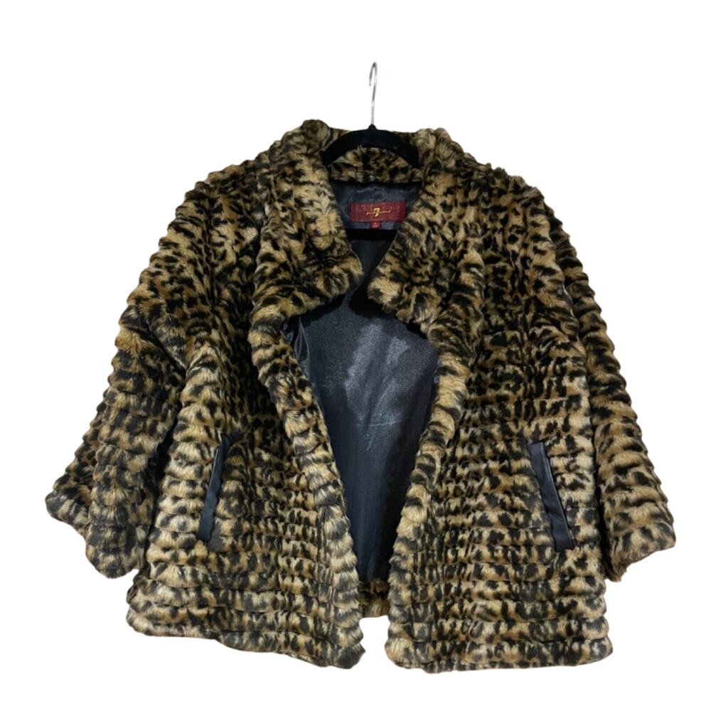 7 For All Mankind Faux Fur Leopard Jacket S Cropped 3/4 Sleeve Pockets Lined